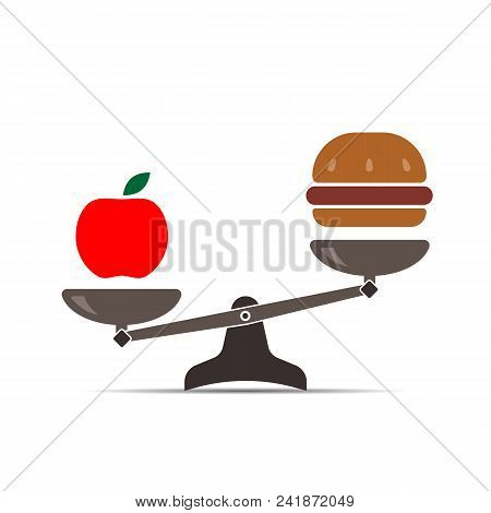 Hamburger And Apple On Scales. Balance Between Fast And Healthy Food. Diet, Nutrition, Fitness And H