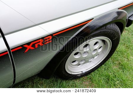 Anglesey, Uk: Feb 20, 2018: Detail View Of Ford Xr2 Front Wheel And Wing On Display At The Anglesey 