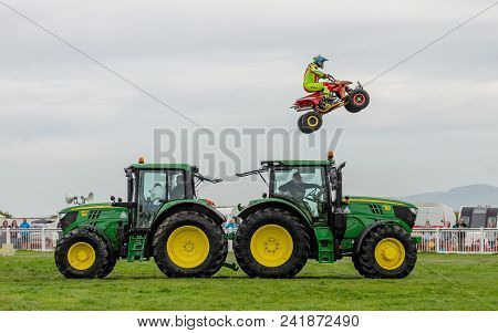 Anglesey, Uk: Feb 20, 2018: The Kangaroo Kid Display Team Perform Stunts Using A Quad Bike At The An