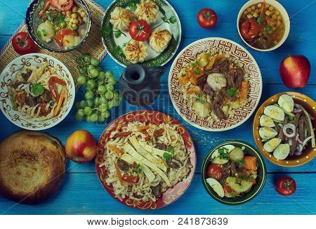Uzbek Cuisine , Traditional Assorted Dishes, Top View, Central Asian Cuisine