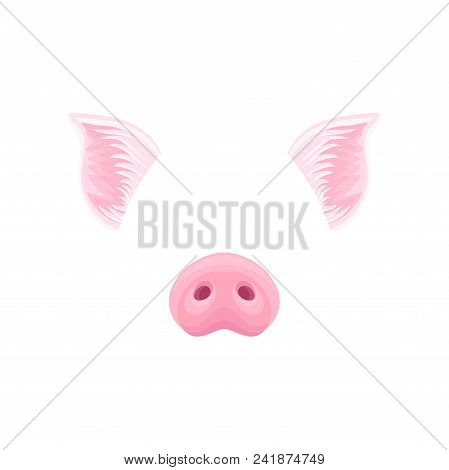 Cute Pink Pig S Ears And Nose. Funny Mask Of Domestic Farm Animal. Colorful Graphic Design For Stick