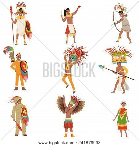Aztec Warriors Set, Men In Traditional Clothes And Headgear With Weapon Vector Illustrations Isolate