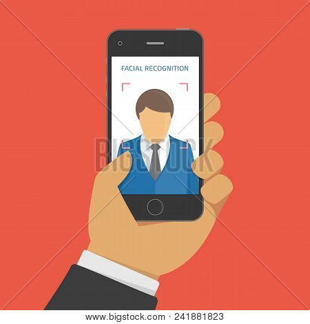 Face Id Or Face Recognition System On Mobile Phone. Facial Recognition Concept. Smartphone With Huma