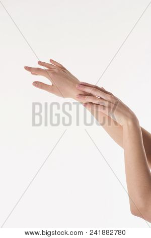 Two Women's Hands On A White Background. Empty Hand Isolated On White