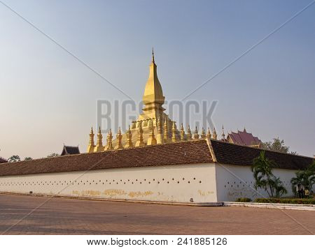 Pha That Luang Is A Gold-covered Large Buddhist Stupa In The Centre Of The City Of Vientiane, Laos.