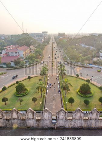 Patuxai Is A War Monument In The Centre Of Vientiane, Laos, Built In 1957. The Patuxai Was Dedicated