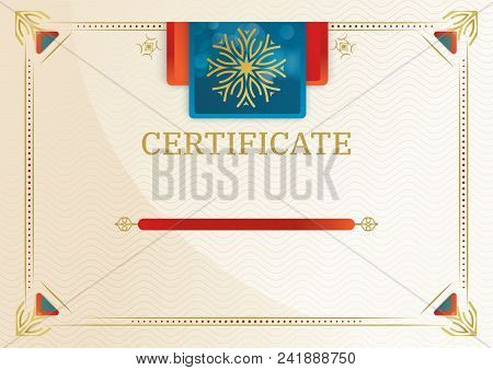 Official Certificate With Red Turquoise Square Design Elements. Classical Style. Vintage Modern Blan