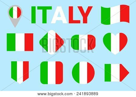 Italy Flag Vector Set. Collection Of Italian National Flags. Flat Isolated Icons. Country Name In Tr