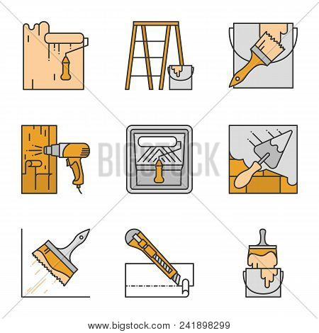 Construction Tools Color Icons Set. Paint Roller, Scaffolding Ladder, Bucket With Brush, Hot Air Gun