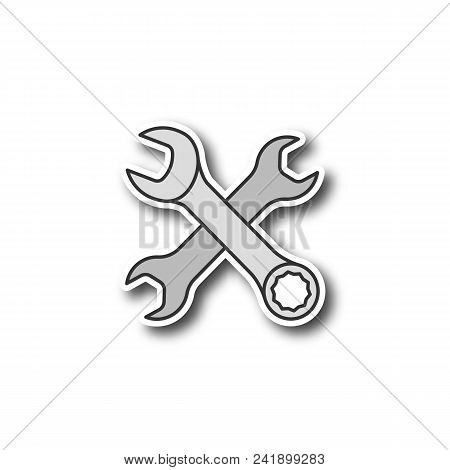 Crossed Wrenches Patch. Double Open Ended And Combination Spanners. Color Sticker. Vector Isolated I