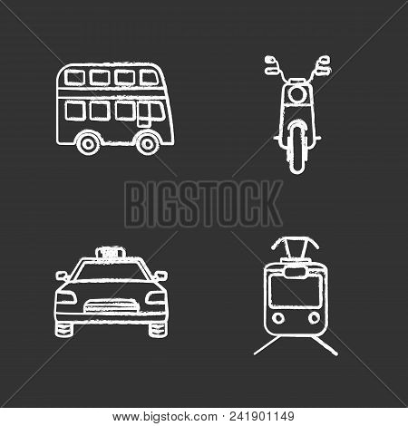 Public Transport Chalk Icons Set. Modes Of Transport. Double Decker Bus, Scooter, Taxi, Tram. Isolat