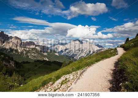 Pathway In Gardena Pass In Dolomites Mountains, Italy