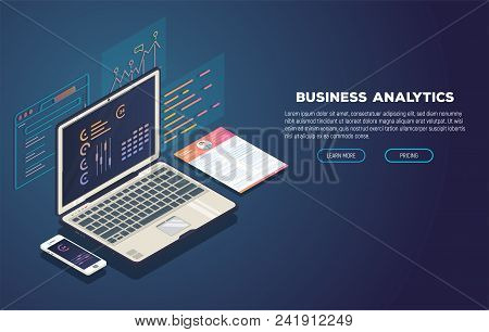 Isometric Laptop With Software For Business Analytic. Web Pages And Window With Chart And Financial 