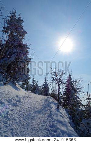 Snowy Hiking Trail During Winter Leading To The Highest Mountain Of Beskydy, Lysa Hora, Czech Republ