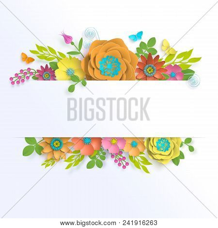 Banner Template Floral Vector Paper Art With Butterfly Stock Illustation