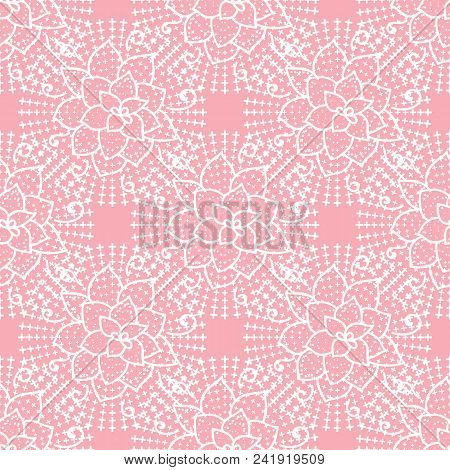 Cute Seamless Pattern. Hand Drawing White Flower Lace On Pink Background. Vector Tepmlate Design.