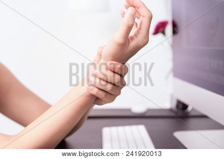 Woman Wrist Arm Pain Long Use Mouse At Office. Office Syndrome Healthcare And Medicine Concept