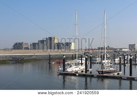 Cadzand Bad, Netherlands, April 9 2017: Sunny Late Afternoon At The Newly Built Yacht  Harbour Of Ca
