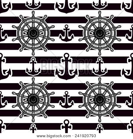 Black And White Design Background. Anchor And Wheel Vector Seamless Pattern Isolated On Striped Blac