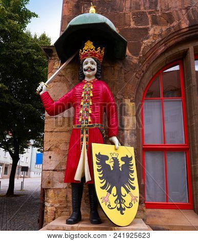 NORDHAUSEN, THURINGIA/GERMANY - JULY 13, 2017: Roland landmark figure is a medieval knight symbolized the imperial freedom from 1220 to 1802 located at Stadt Nordhausen Rathaus