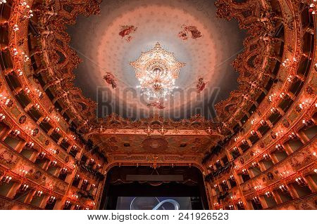 Venice, Italy , April 24, 2018 : Interiors And Architectural Details Of Teatro La Fenice, Venice Ope