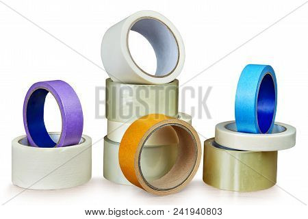 Stacks Of Packing Scotch And Paper Masking Tape, Isolated On White Background, With Saved Path.