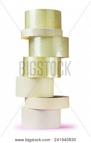 Set Of Scotch Packing Tape Is Stacked In Form Of Tower, Isolated On White Background, With Saved Pat