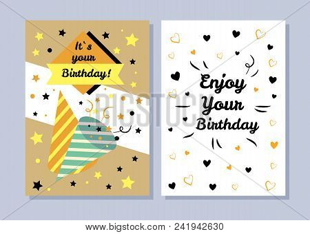 Its Your Birthday, Enjoy Your Birthday, Postcards Set, Cards With Hearts And Stars, Bright Confetti,