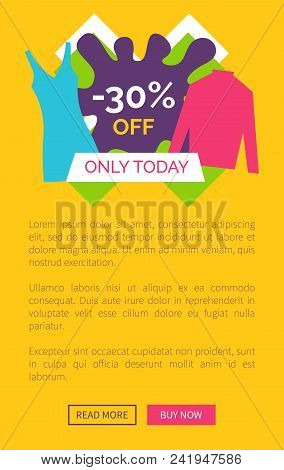 Only Today 30 Off Promo Poster With Push Buttons Read More, Buy Now, Woman Dress And Sweater, Vector