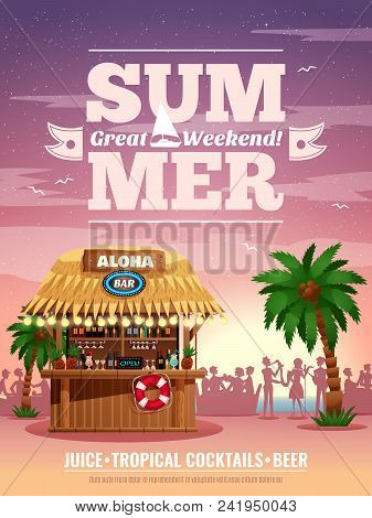 Tropical Beach Resort Bungalow Bar Cocktails Refreshments Beer Advertisement Poster With Palm Sunset