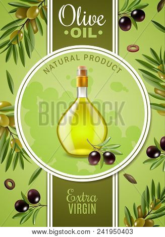 Extra Virgin Olive Oil Poster With Advertising Of Natural Product And Glass Bottle With Cork Stopper