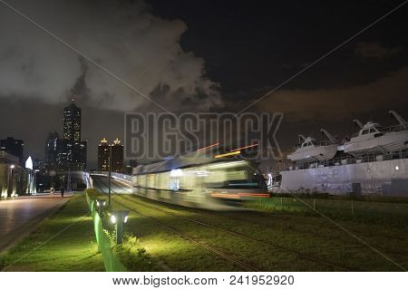 The View Of Lrt (light Rail Transit) In Kaohsiung City, Taiwan. When It Passes At Night. You Can Als