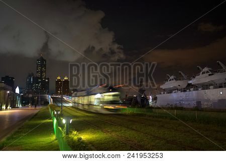 The View Of Lrt (light Rail Transit) In Kaohsiung City, Taiwan. When It Passes At Night. You Can Als