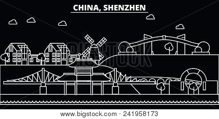 Shenzhen Silhouette Skyline. China - Shenzhen Vector City, Chinese Linear Architecture, Buildings. S