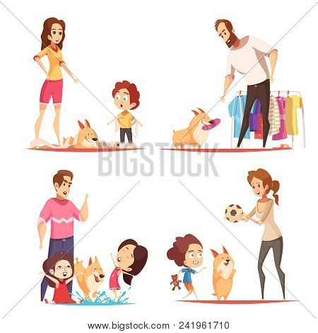 Family With Favorite Puppy During Game, Pranks With Toilet Paper And Water, Design Concept Isolated 