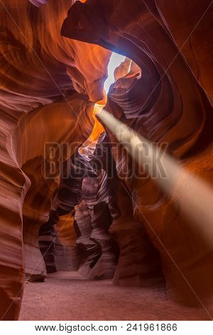 Upper Antelope Slot Canyon Showing A Light Beam Into The Canyon, Page, Arizona, Usa. The Most Popula