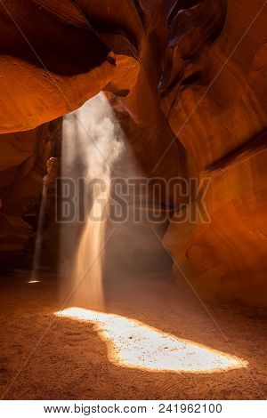Upper Antelope Slot Canyon Showing A Light Beam Into The Canyon, Page, Arizona, Usa. The Most Popula