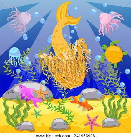 Vector Background With An Underwater World In A Children's Style. A Mermaid Is Sitting On A Rock.