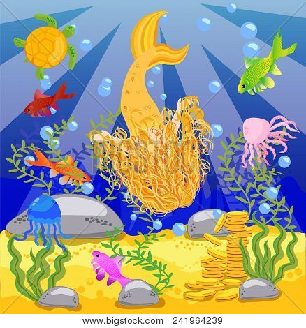 Vector Background With An Underwater World In A Children's Style. A Mermaid Is Sitting On A Rock.
