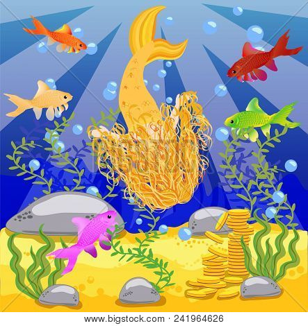 Vector Background With An Underwater World In A Children's Style. A Mermaid Is Sitting On A Rock.