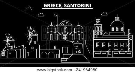 Santorini Silhouette Skyline. Greece - Santorini Vector City, Greek Linear Architecture, Buildings. 