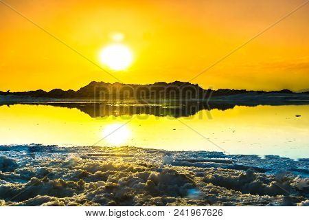 View On Sunset Over Salt Lake In The Desert By Varzaneh In Iran