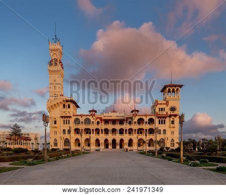 Front View Of The Royal Palace At Montaza Public Park At Sunset Time, Alexandria, Egypt