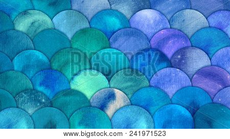 Mermaid Scales Watercolor Fish Squame Background. Bright Summer Blue Sea Pattern With Reptilian Scal