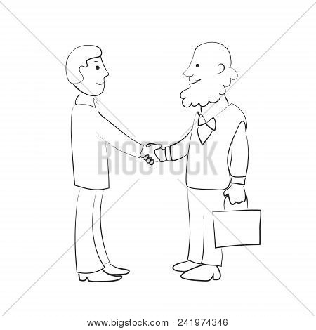 Handshake Of Old And Young Men. Vector Black And White Lines Sketch Image.