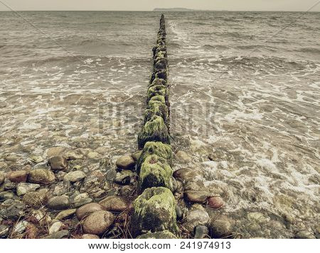 The Row Of Old Wooden Piles As  Breakwater In Front Of The Stony Beach,  Typical At The Baltic Sea