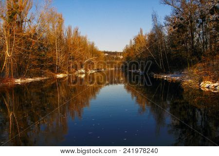 Autumn Landscape Jf The Quiet River  And Yellow Trees Jn The Beach