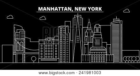 Manhattan Silhouette Skyline. Usa - Manhattan Vector City, American Linear Architecture, Buildings. 