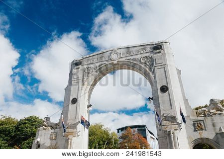 Bridge of Remembrance in the cloudy day. andmark located in Christchurch, New Zealand.