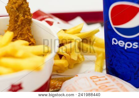 Ukraine, Kiev,05.13.2018: Delicious Fast Food In Supermarket. Kfc Fried Chiken, French Fries, Cheese